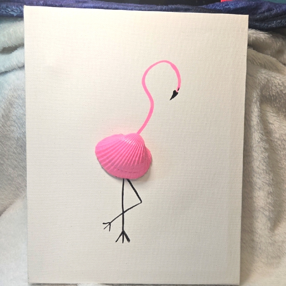 New! Hand Crafted Pink Flamingo Shell Art on Canvas
